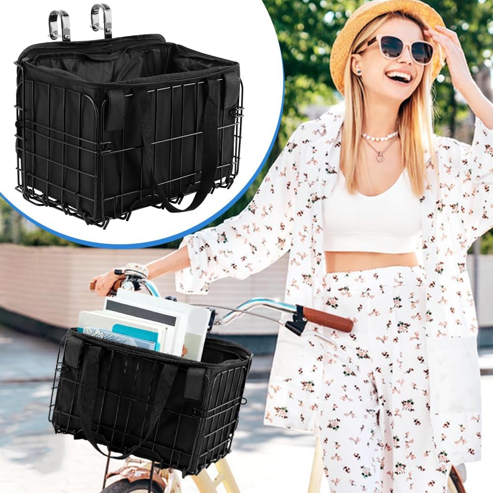 Folding Bike Front Basket with Removable Liner Bag, Black, Steel + Oxford Cloth, Handlebar/Rack Mount, 13.39X7.87X9.06Inch, 20Kg Capacity