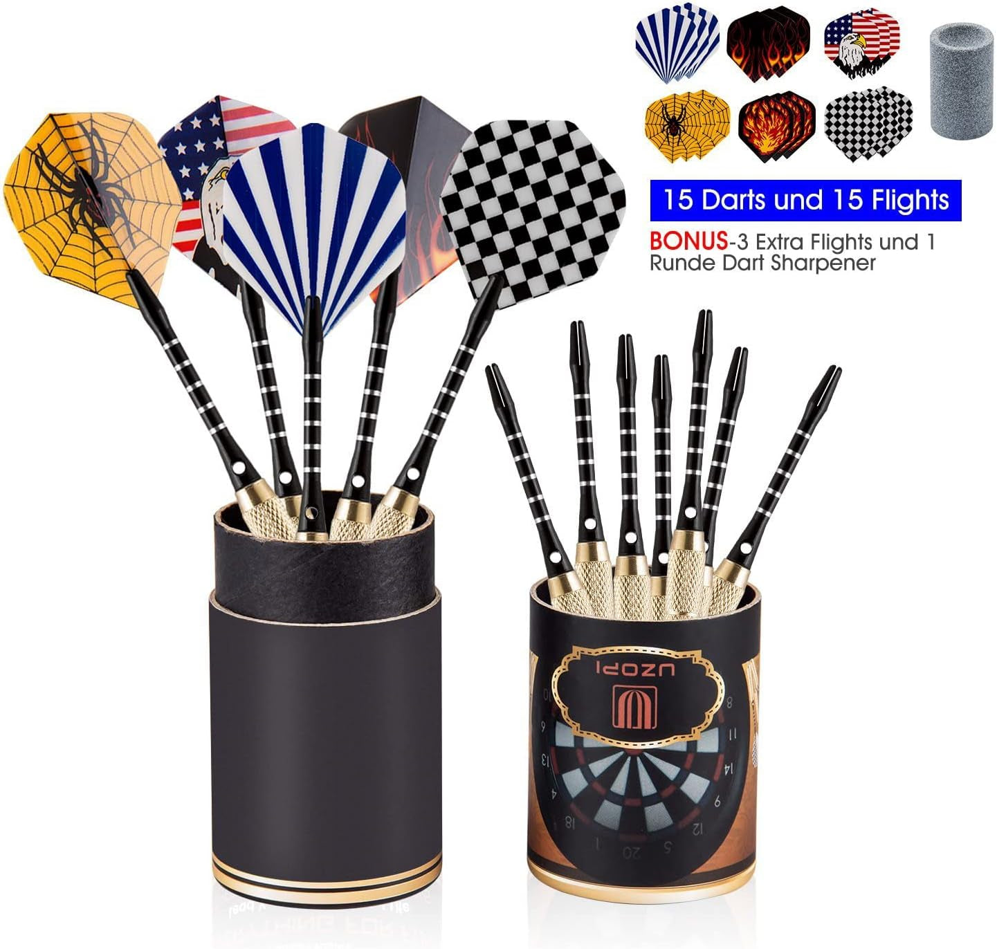 UZOPI 15 Packs Steel Tip Darts 18 Grams with Dart Sharpener and 3 Extra Flights, Aluminum Shafts & Brass Barrels, Levels in Every Rec Room, Man Cave, Bar and Game Room