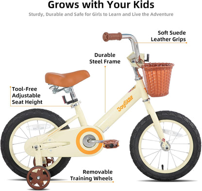 Vintage 12 & 14 & 16 Inch Kids Bike with Basket & Training Wheels for 2-7 Years Old Girls & Boys (Green, Ivory & Pink)