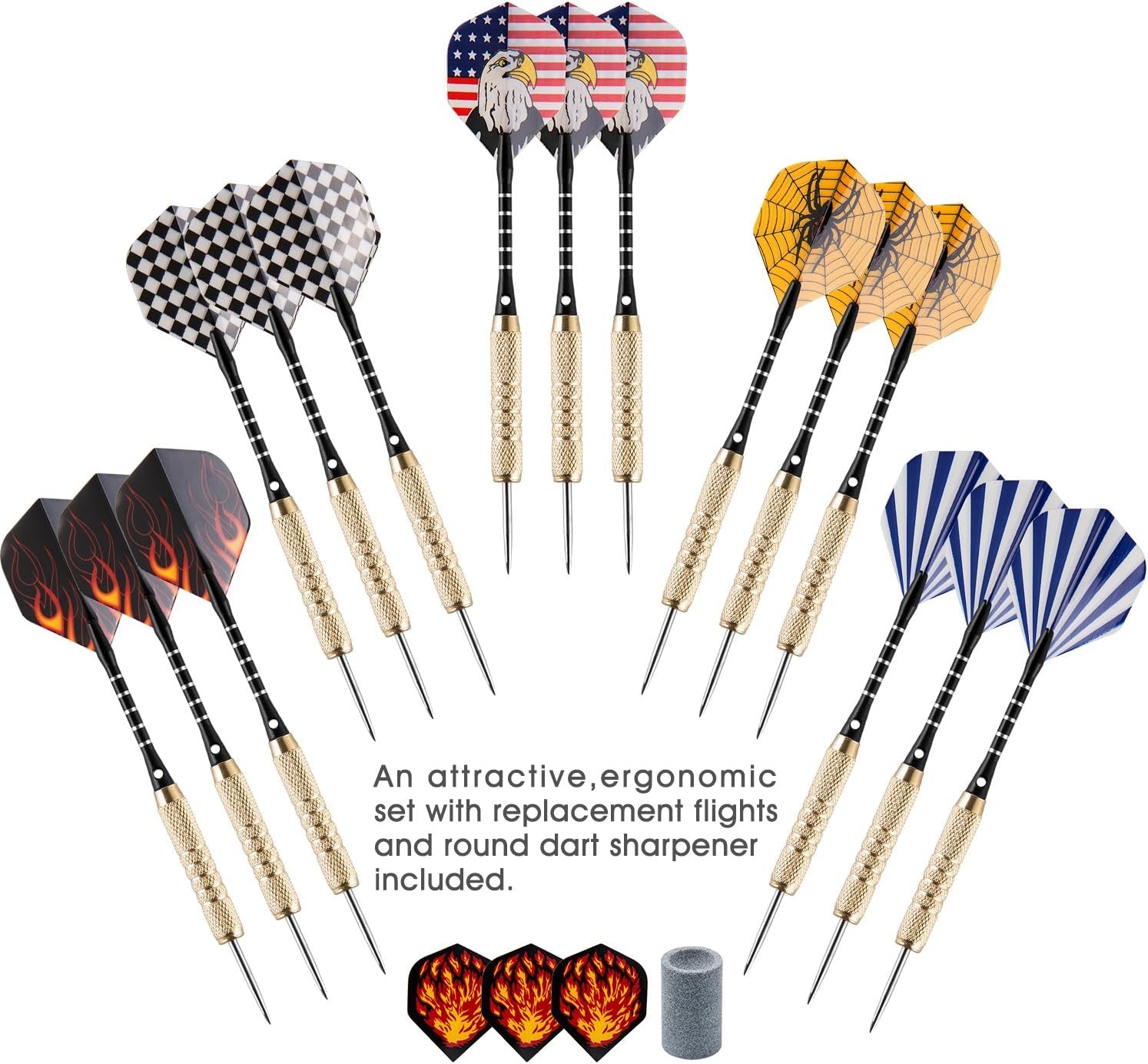 UZOPI 15 Packs Steel Tip Darts 18 Grams with Dart Sharpener and 3 Extra Flights, Aluminum Shafts & Brass Barrels, Levels in Every Rec Room, Man Cave, Bar and Game Room