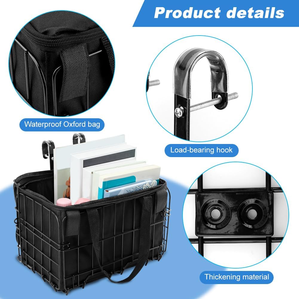 Folding Bike Front Basket with Removable Liner Bag, Black, Steel + Oxford Cloth, Handlebar/Rack Mount, 13.39X7.87X9.06Inch, 20Kg Capacity