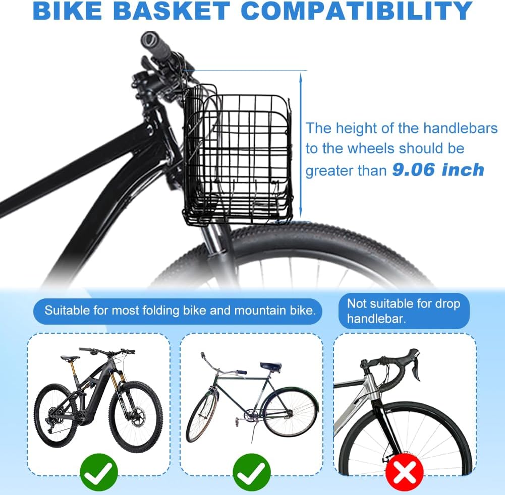 Folding Bike Front Basket with Removable Liner Bag, Black, Steel + Oxford Cloth, Handlebar/Rack Mount, 13.39X7.87X9.06Inch, 20Kg Capacity