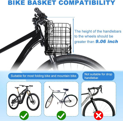 Folding Bike Front Basket with Removable Liner Bag, Black, Steel + Oxford Cloth, Handlebar/Rack Mount, 13.39X7.87X9.06Inch, 20Kg Capacity