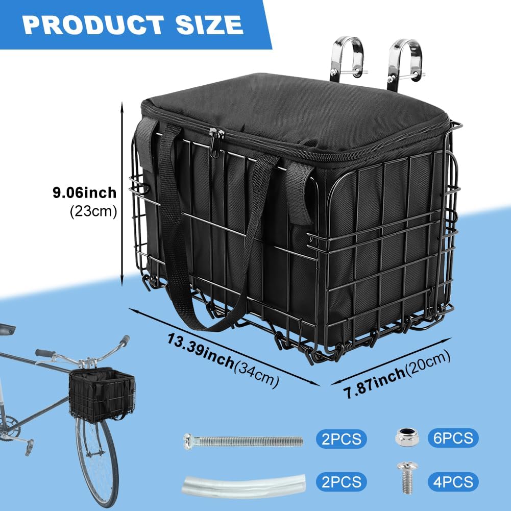 Folding Bike Front Basket with Removable Liner Bag, Black, Steel + Oxford Cloth, Handlebar/Rack Mount, 13.39X7.87X9.06Inch, 20Kg Capacity