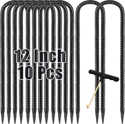 Trampoline Stakes Anchors 10-Pack Trampoline Accessories 12 Inch Wind Stake Heavy Duty High Wind Ground Anchor Galvanized Steel Tie down Anchor Kit for Swing Set Soccer Goal (10Pcs, Black)