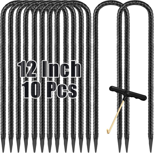 Trampoline Stakes Anchors 10-Pack Trampoline Accessories 12 Inch Wind Stake Heavy Duty High Wind Ground Anchor Galvanized Steel Tie down Anchor Kit for Swing Set Soccer Goal (10Pcs, Black)