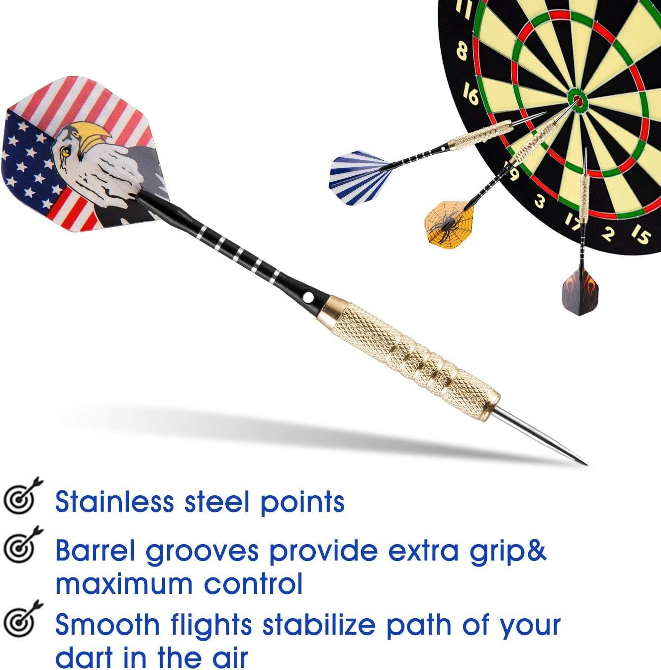 UZOPI 15 Packs Steel Tip Darts 18 Grams with Dart Sharpener and 3 Extra Flights, Aluminum Shafts & Brass Barrels, Levels in Every Rec Room, Man Cave, Bar and Game Room