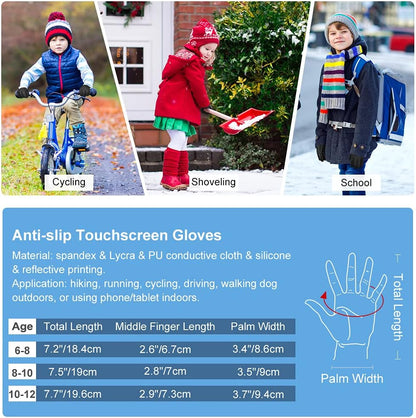 Kids Waterproof Winter Touchscreen Gloves: Lightweight Cold Weather Warm Sport Mitten for Age 6-12 Years Boys & Girls Black